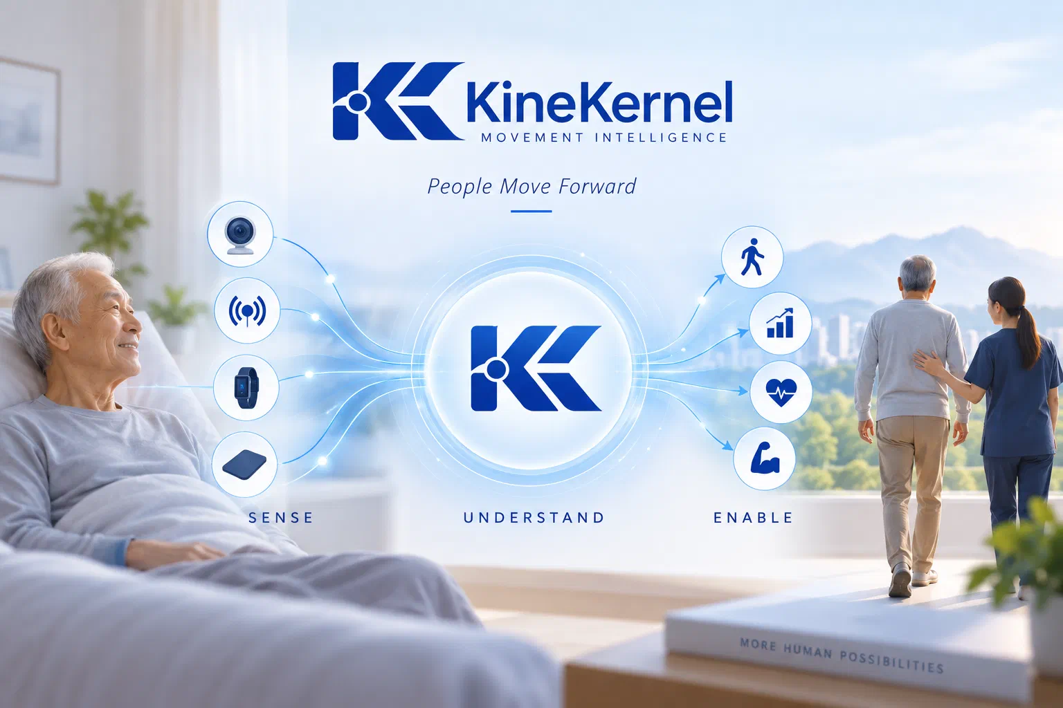 KineKernel brand graphic: the KineKernel wordmark with Sense, Understand and Enable leading to rehabilitation outcomes — mobility, progress tracking, heart health and strength