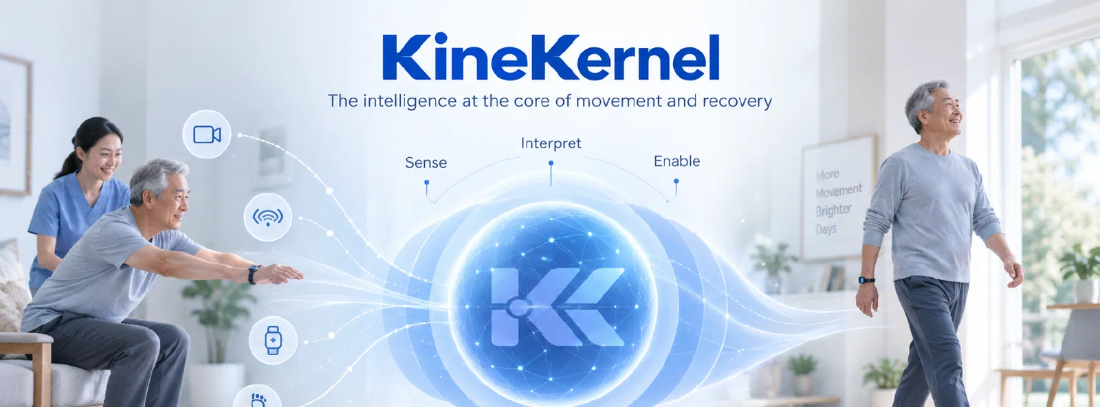 KineKernel brand graphic: sensor signals flow through the KineKernel core, labelled Sense, Interpret and Enable — a man training with a therapist on the left, a man walking unaided on the right